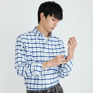 Classic men's blue and white checkered long-sleeve casual shirt with button-down collar