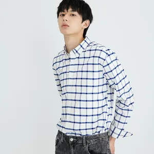 Men's classic blue and white checkered casual long-sleeve shirt with button-down collar