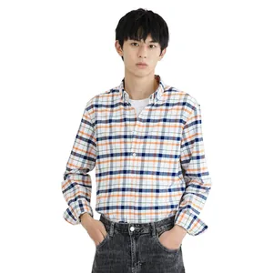 Men's casual plaid shirt with colorful checkered pattern and long sleeves.
