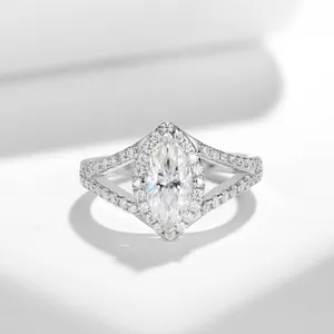 Close-up of a sparkling marquise-cut moissanite halo ring in S925 sterling silver.