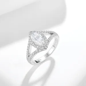 Close-up of marquise-cut moissanite halo engagement ring in S925 silver
