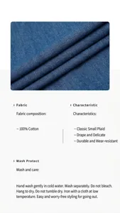 Close-up of 100% cotton denim fabric texture with detailed care instructions