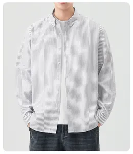 Close-up of a men's gray striped casual cotton shirt with a neat button-down collar