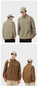 Men's loose waffle knit retro half-button casual shirt shown in khaki and brown colors