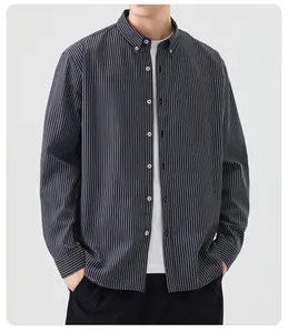 Detail shot of a men's grey and white striped cotton shirt with button-down collar
