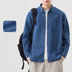 Chemise en Denim à Manches Longues pour Hommes Style Décontracté Japonais 100% Coton Coupe Cintrée Haut en Denim Délavé Avec Poche