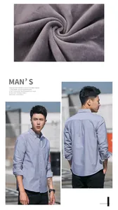 Detail of fleece-lined lining and model wearing men's blue oxford long sleeve shirt