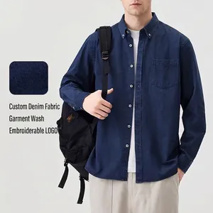Chemise en jean à manches longues pour hommes, coupe ajustée bleu foncé avec poche poitrine