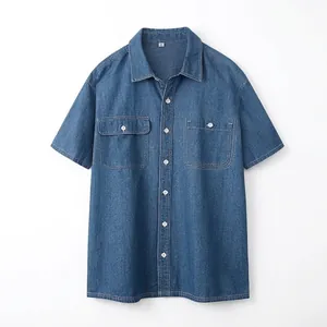 Stylish short sleeve all-cotton denim shirt for men with double chest pockets in blue
