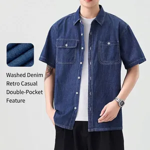 Men's short sleeve washed cotton denim shirt with retro casual double pockets