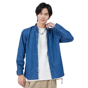 Chemise en jean à manches longues pour hommes de style japonais décontracté en bleu délavé