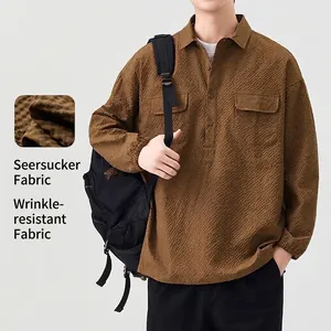 Men Retro Waffle Texture Casual Shirt Half-Placket Long Sleeve Top Loose Fit Wrinkle-Resistant Seersucker Jacket With Double Pockets