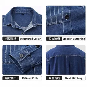 Gedetailleerde weergave van blauw denim overhemd voor heren: kraag, manchetten en stiksels