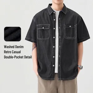 Men's vintage washed black denim short sleeve shirt with contrast white stitching