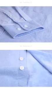 Detailed close-up showing the high-quality fabric texture and cuff of a blue Oxford shirt