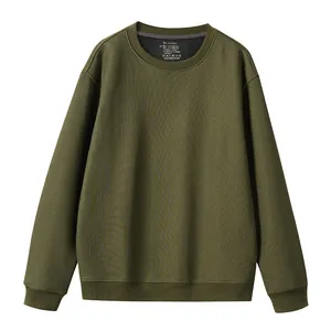 Men's minimalist olive green crewneck sweatshirt with ribbed cuffs and hem for casual wear