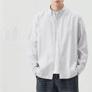 Men's grey and white casual striped cotton long sleeve shirt with classic lapel collar