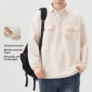 Casual men's retro waffle seersucker shirt with half-open collar and long sleeves
