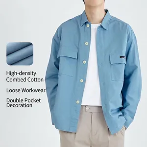 Men's Casual Workwear Cotton Shirt Loose Fit Double Pocket Long Sleeve Lapel Top Minimalist Korean Style Jacket Shirt