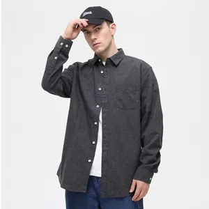 Classic dark gray long-sleeve brushed cotton flannel shirt for men featuring a chest pocket