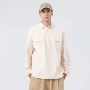 Men's retro waffle texture bubble shirt with half-placket and loose long sleeves