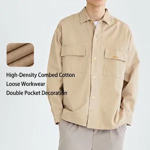 Men's khaki casual cotton shirt jacket with double front pockets and loose fit