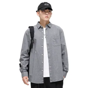 Men's casual grey long-sleeved brushed cotton shirt featuring a classic collar and chest pocket