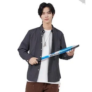 Men's casual grey pinstripe long-sleeve cotton shirt with classic button-down collar