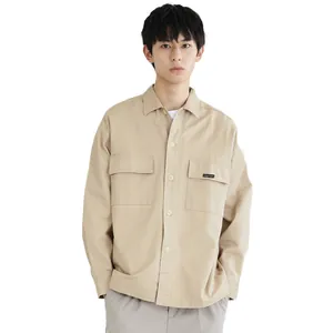 Men's khaki long sleeve shirt jacket with double pockets and casual workwear style