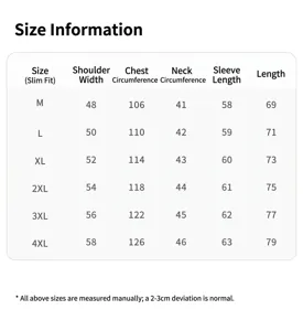 Tabla de tallas detallada para camisa de cuadros de hombre, medidas desde la M hasta la 4XL.