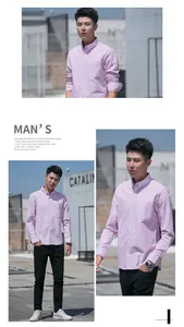 Detailed layout of men's pink and white striped long-sleeve Oxford cloth fashion shirt