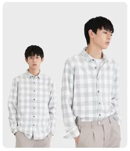 Stylish men's slim fit cotton plaid long-sleeve shirt in light gray for casual autumn wear