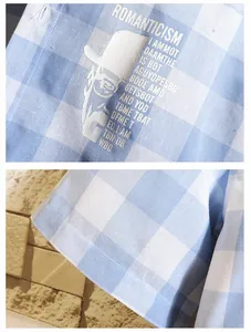Close-up of graphic print and blue checkered fabric on men's casual short sleeve shirt