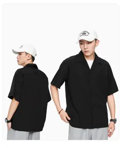 Men's black Cuban collar short sleeve shirt shown from front and back perspectives