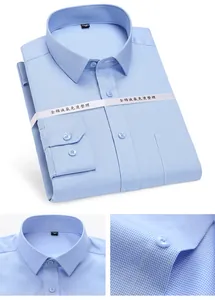 Detailed view of light blue non-iron cotton men's shirt with micro-texture and close-ups