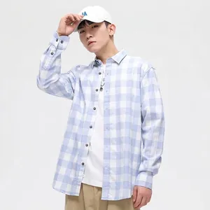Men's light blue and white long-sleeve cotton checkered shirt in a slim casual style