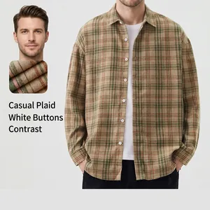 Chemise à Carreaux Color-block Style Coréen pour Hommes Unisexe Coupe Large Décontractée à Boutons en Polyester