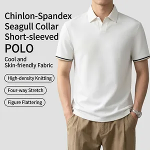 Men Business Casual Short Sleeve Polo Shirt Ice Silk Breathable High Elastic Solid Color Top With Striped Cuffs For Daily
