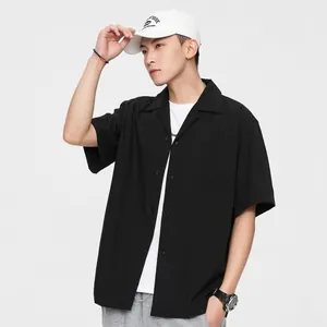 Men's stylish relaxed fit short-sleeve shirt with Cuban collar in solid black color