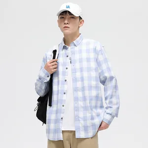Men's casual light blue and white checkered long sleeve cotton shirt for spring