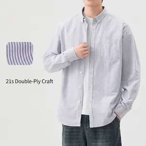 Chemise Oxford décontractée à rayures pour hommes en coton double de qualité supérieure 21s