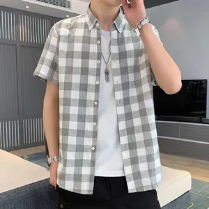 Casual men's grey plaid short sleeve shirt with button-down collar and white tee