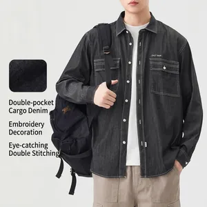 Camicia di Denim da Uomo Casual a Maniche Lunghe Stile Workwear Cotone Vestibilità Regolare Tinta Unita Top con Bottoni