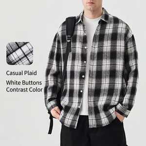 Chemise décontractée à manches longues à carreaux noir et blanc pour homme avec boutons
