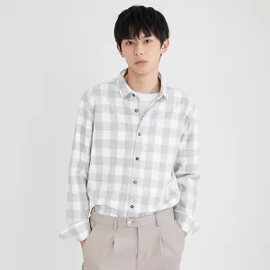 Men's casual slim fit long sleeve cotton plaid shirt in grey and white checkers