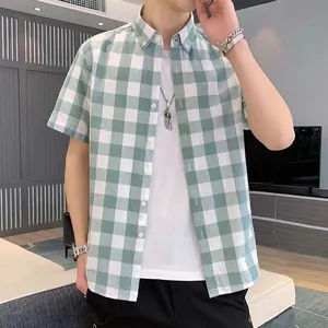 Casual green and white plaid short sleeve shirt for men in a modern summer style