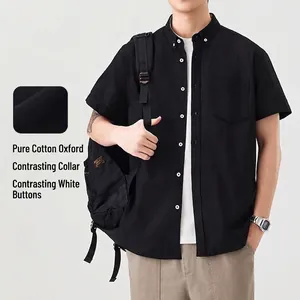 Chemise Oxford pour Hommes Style Japonais Manches Courtes Boutonnée Coton Minimaliste Été Rayée Couleur Unie Top Décontracté