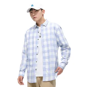 Men's slim fit light blue and white checkered cotton long sleeve shirt for spring and autumn