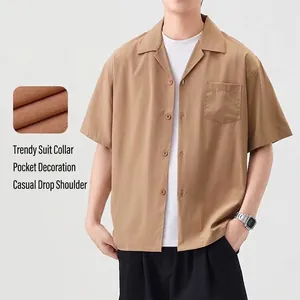 Premium men's khaki Cuban collar short sleeve shirt with loose fit and chest pocket