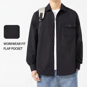 Men's black pure cotton long-sleeve workwear shirt with chest flap pocket